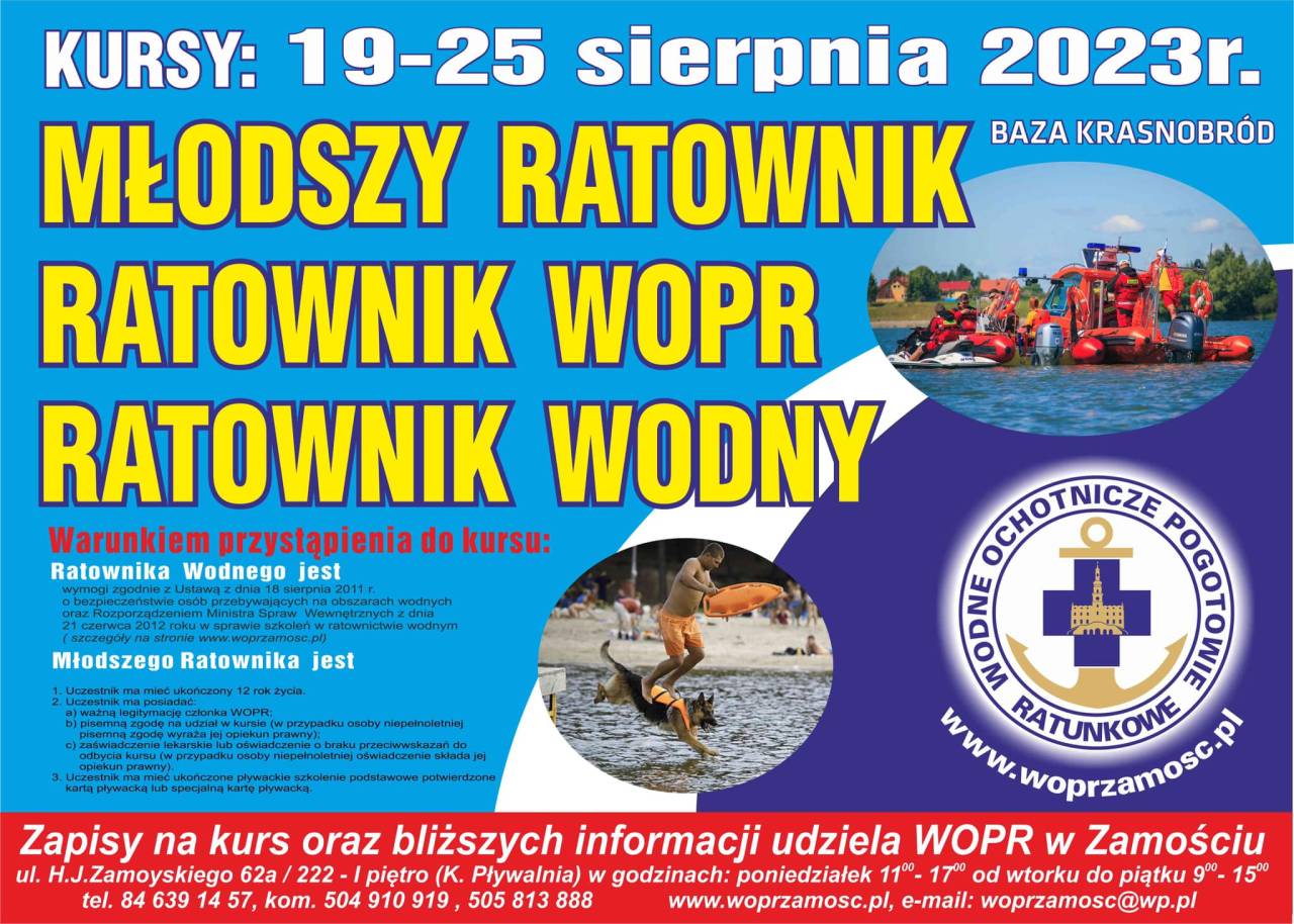 Kurs: Młodszy ratownik, ratownik WOPR, ratownik wodny - sierpień 2023